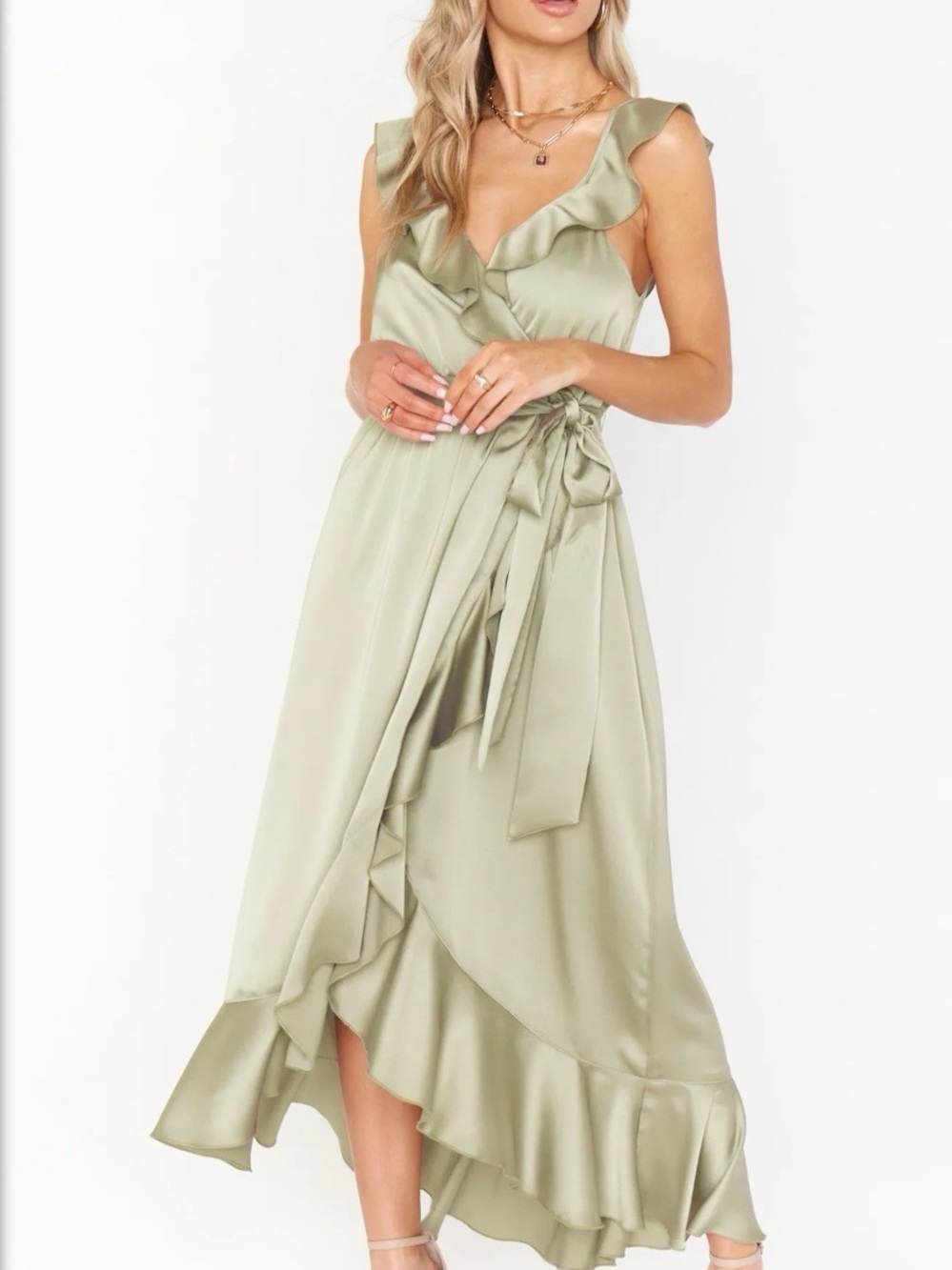 Show Me Your MuMu Sage Green Ruffle Wrap High-Low Dress